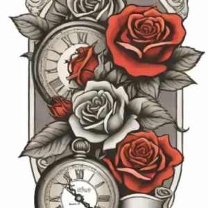 Clocks and Roses Fake Tattoo Design