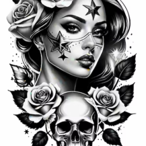 Woman with skull fake tattoo design