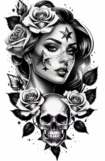 Woman with skull temporary tattoo